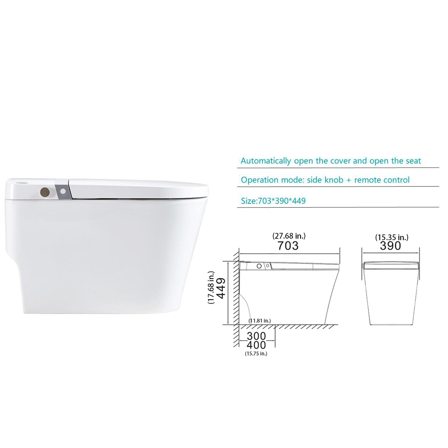 Multifunction U-Shaped Smart Toilet Automatic Flush with Remote Control/Foot Sensor/Night Light