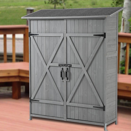 56”L x 19.5”W x 64”H Outdoor Storage Shed with Lockable Door, Wooden Tool Storage Shed w/Detachable Shelves & Pitch Roof,Gray