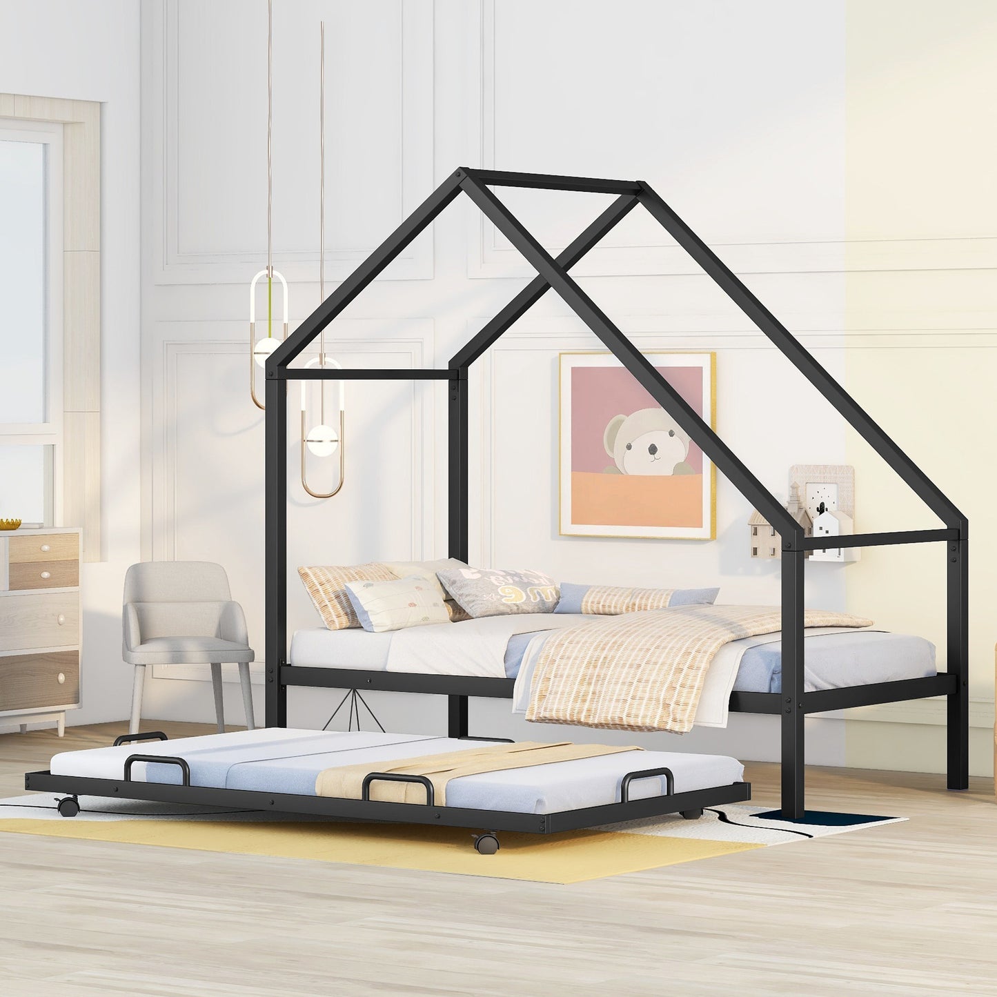 Metal House Bed With Trundle, Twin Size House  Bed Black