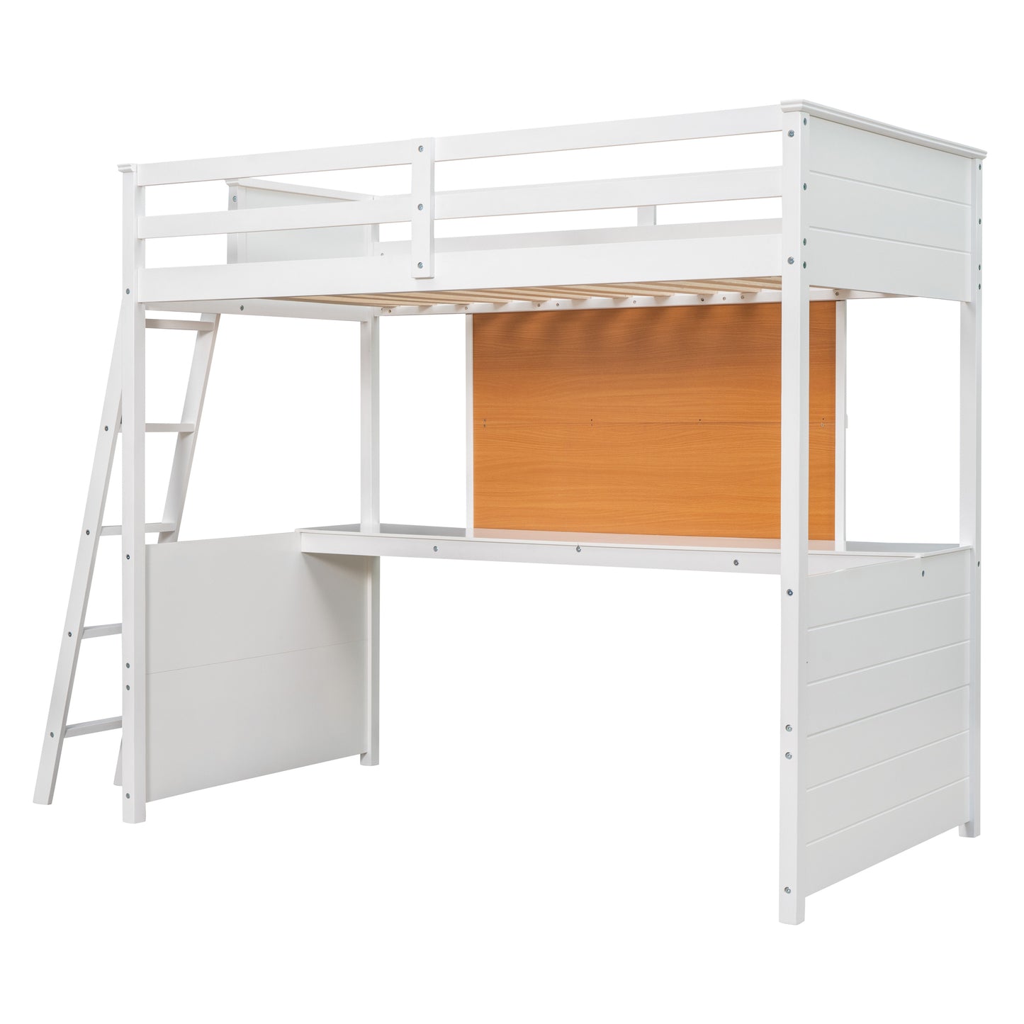 Twin size Loft Bed with Desk and Writing Board, Wooden Loft Bed with Desk - White