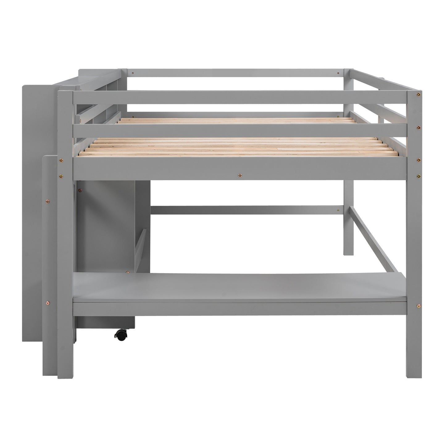 Full Size Low Loft Bed with Rolling Portable Desk, Drawers and Shelves,  Gray