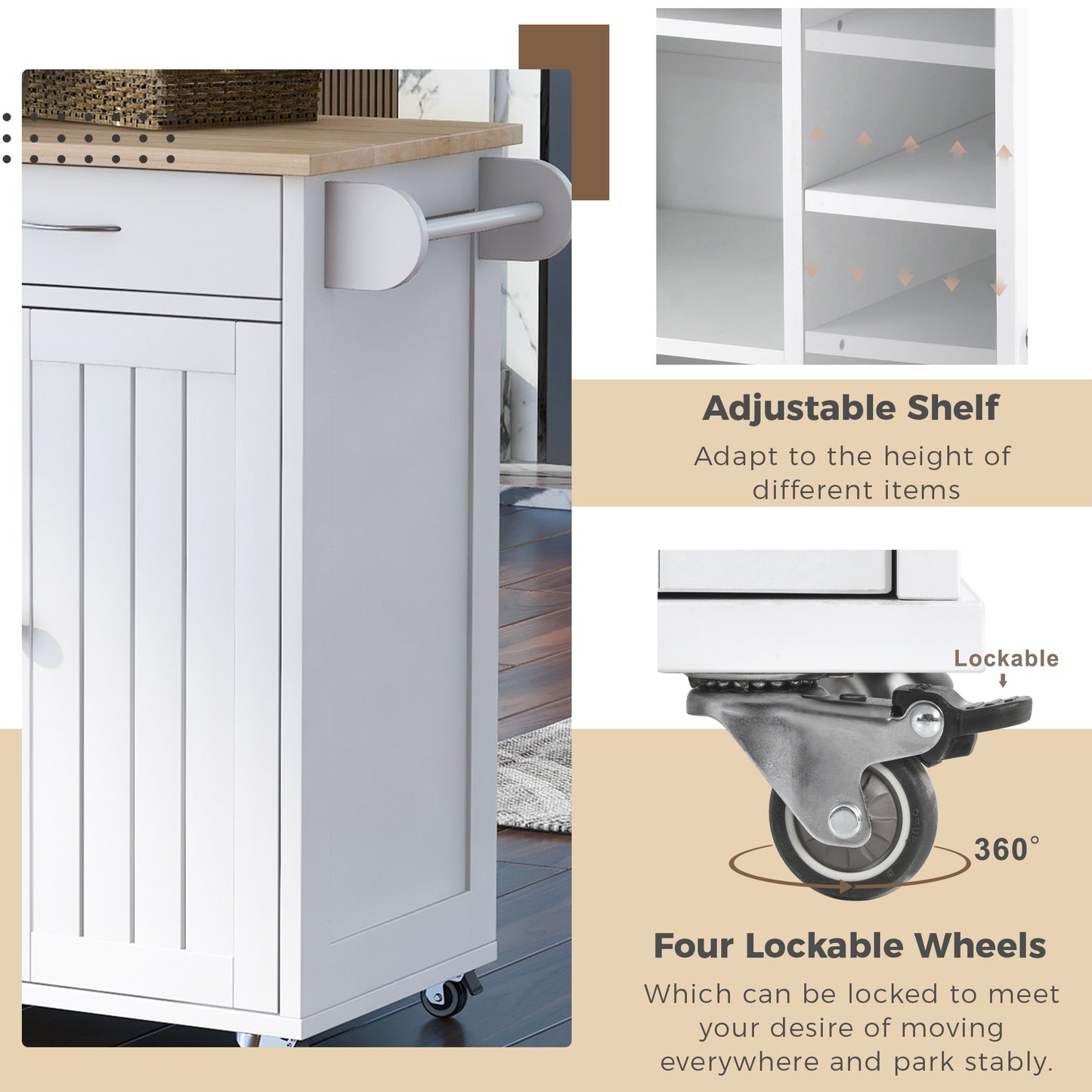 K&K Store Kitchen Island Cart with Two Storage Cabinets and Four Locking Wheels，Wine Rack, Two Drawers,Spice Rack, Towel Rack （White）