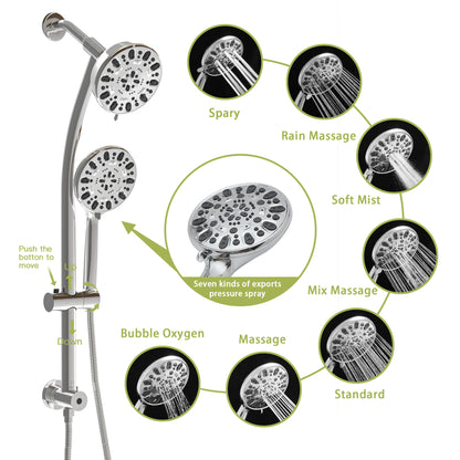 Multi Function Dual Shower Head - Shower System with 4.7" Rain Showerhead, 7-Function Hand Shower, Adjustable Slide Bar,Chrome