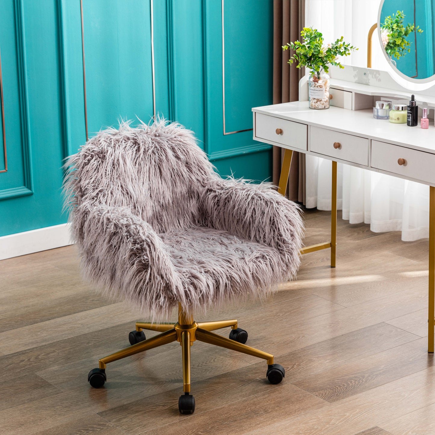 HengMing Modern Faux fur home office chair, fluffy chair for girls, makeup vanity Chair with Gold Plating Base