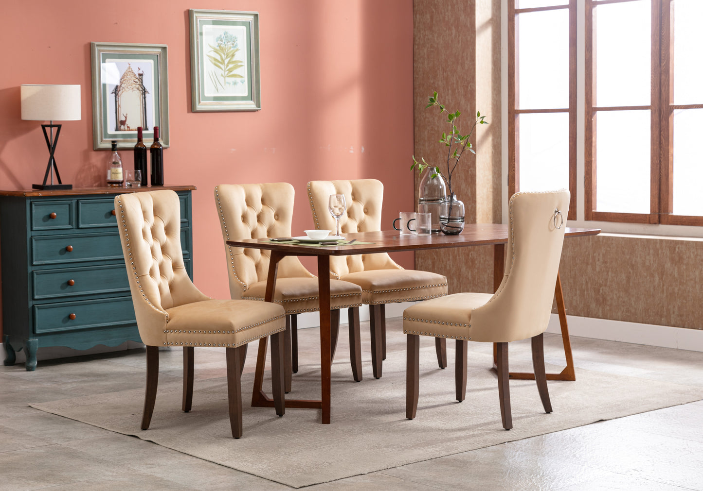 Upholstered Button Tufted Back Pink Velvet Dining Chair with Nailhead Trim and Solid Wood Legs 2 Sets