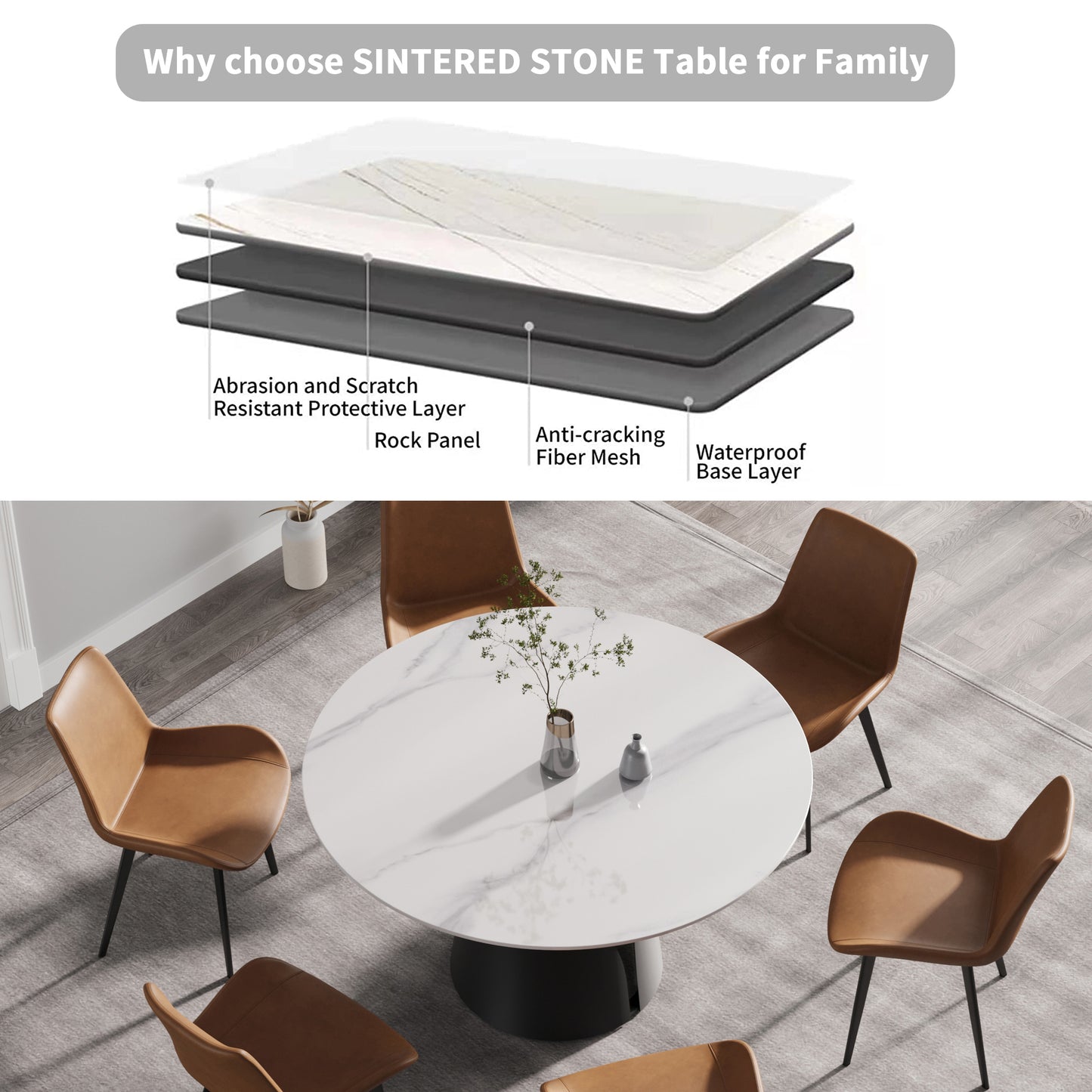 53.15"Modern artificial stone round black carbon steel base dining table-can accommodate 6 people