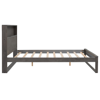 Platform Bed with Storage Headboard,Sockets and USB Ports,Queen Size Platform Bed,Antique Gray