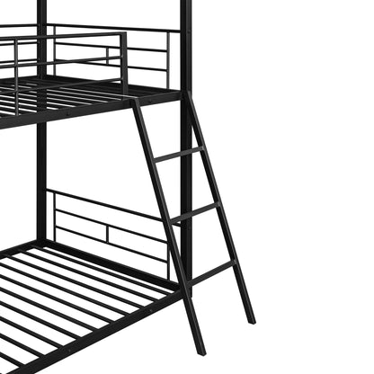 Twin Over Twin Bunk Bed Metal Bed with Half Roof, Guardrail and Ladder Black