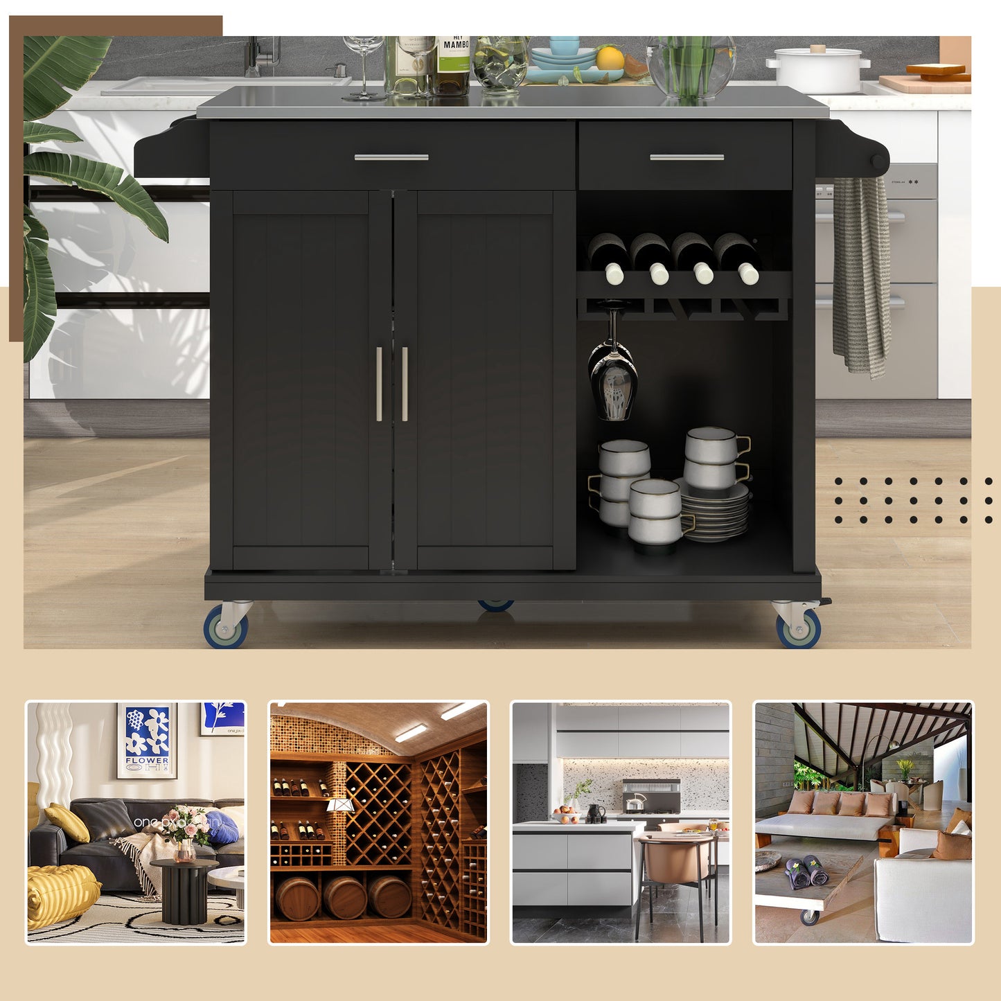 K&K Kitchen Cart with Stainless Steel Top and Storage Cabinet, Kitchen Island on Wheels with Two Drawers & Goblet Holder & Wine Rack & Spice Rack & Towel Holder, L51xW18xH37 Inches