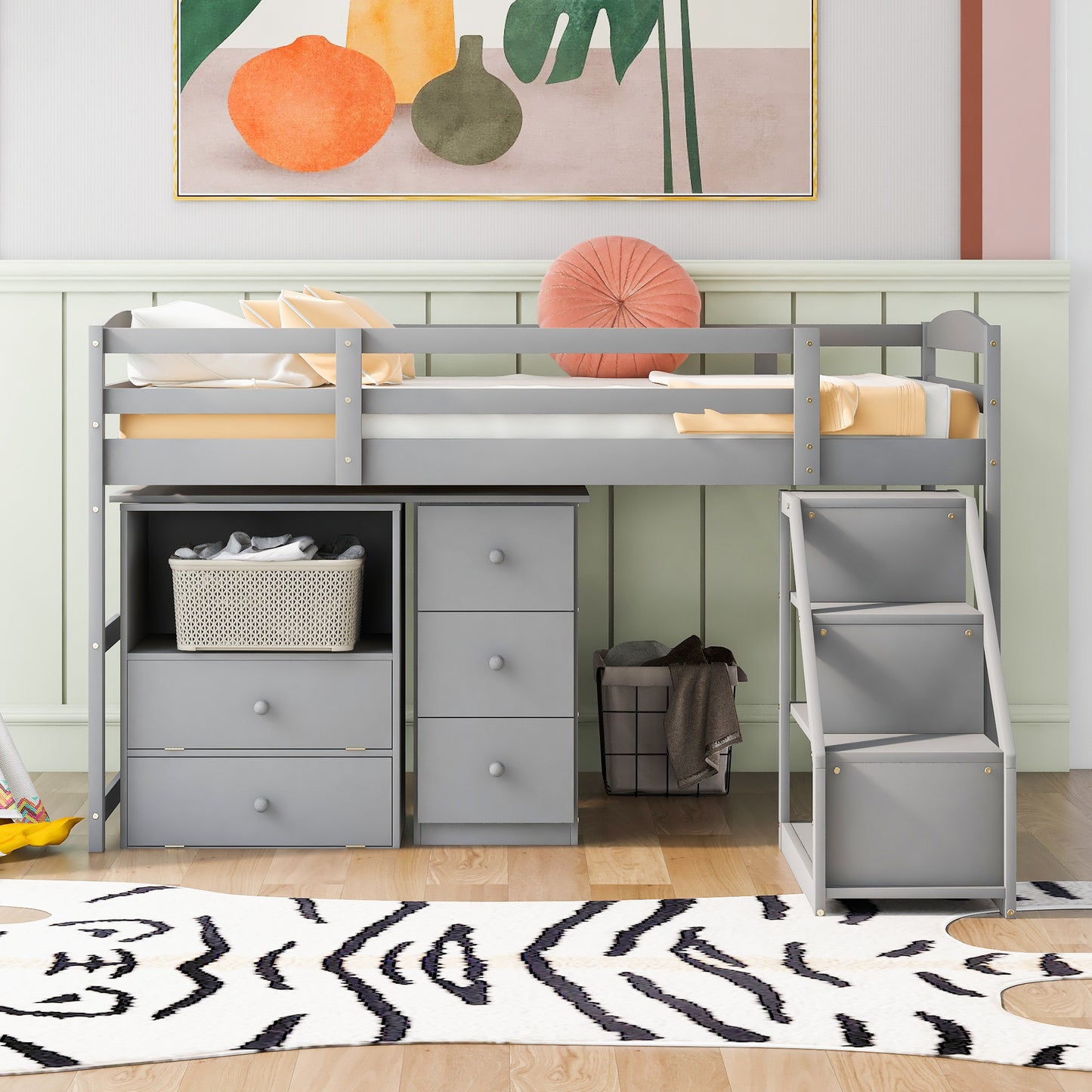 Twin Size Loft Bed with Multifunctional Movable Built-in Desk and and Staircase,Gray(OLD SKU:GX000925AAK)