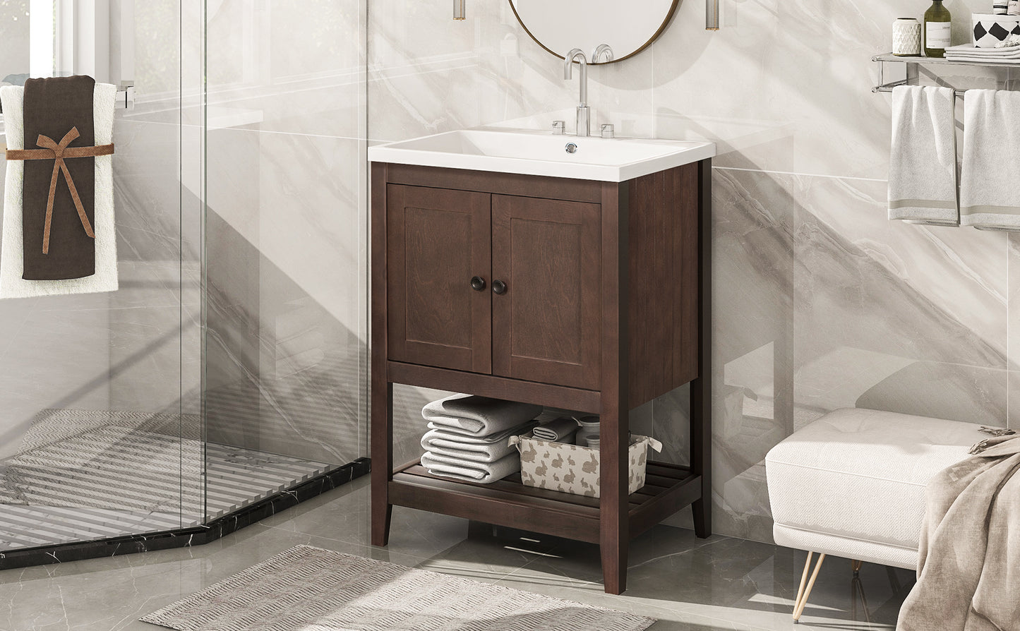 [VIDEO] 24" Brown Modern Sleek Bathroom Vanity Elegant Ceramic Sink with Solid Wood Frame Open Style Shelf