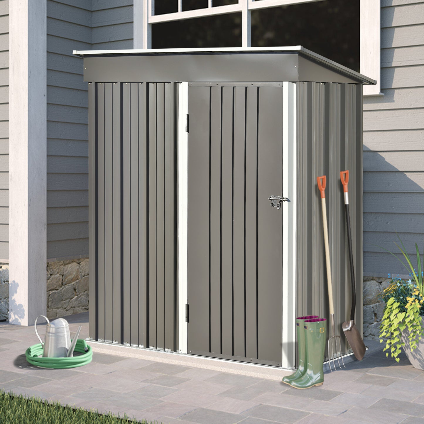 TOPMAX Patio 5ft Wx3ft. L Garden Shed, Metal Lean-to Storage Shed with Adjustable Shelf and Lockable Door, Tool Cabinet for Backyard, Lawn, Garden, Gray