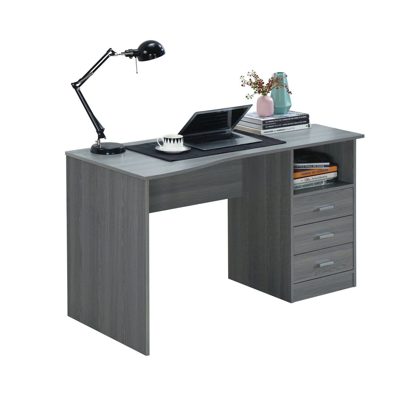 Techni Mobili Classic Computer Desk with Multiple Drawers, Grey