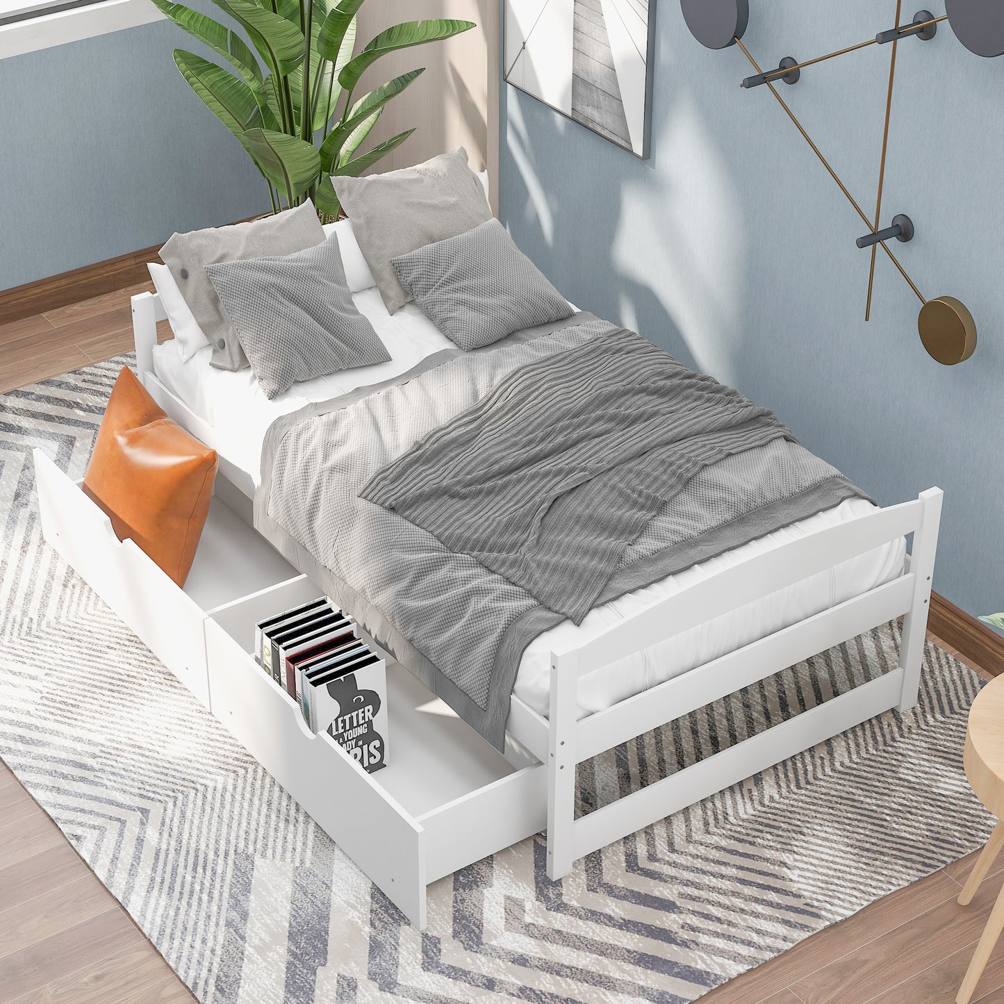 Twin size platform bed, with two drawers, white（New）