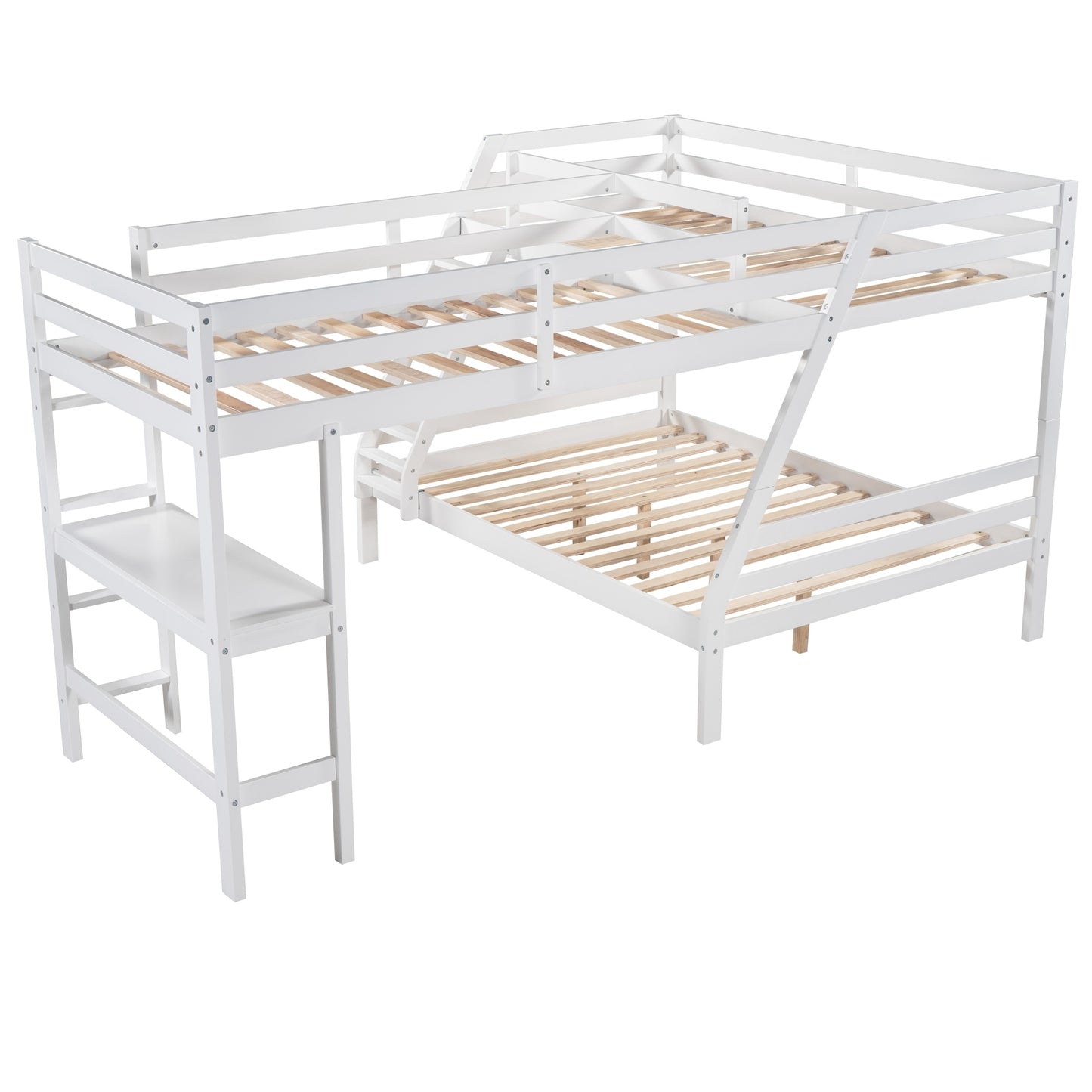 L-Shaped Twin over Full Bunk Bed and Twin Size Loft Bed with Built-in Desk,White