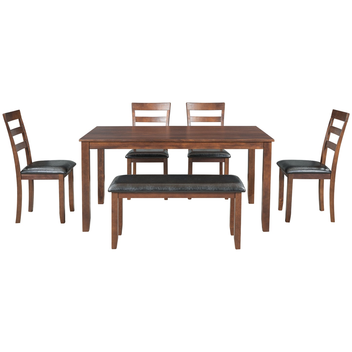 TREXM 6-Piece Kitchen Simple Wooden Dining Table and Chair with Bench, PU Cushion (Walnut)