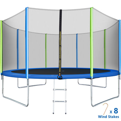 14FT Trampoline for Kids with Safety Enclosure Net, Ladder and 8 Wind Stakes, Round Outdoor Recreational Trampoline