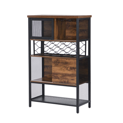 Industrial Bar Cabinet with Wine Rack for Liquor and Glasses, Wood and Metal Cabinet for Home Kitchen Storage Cabinet