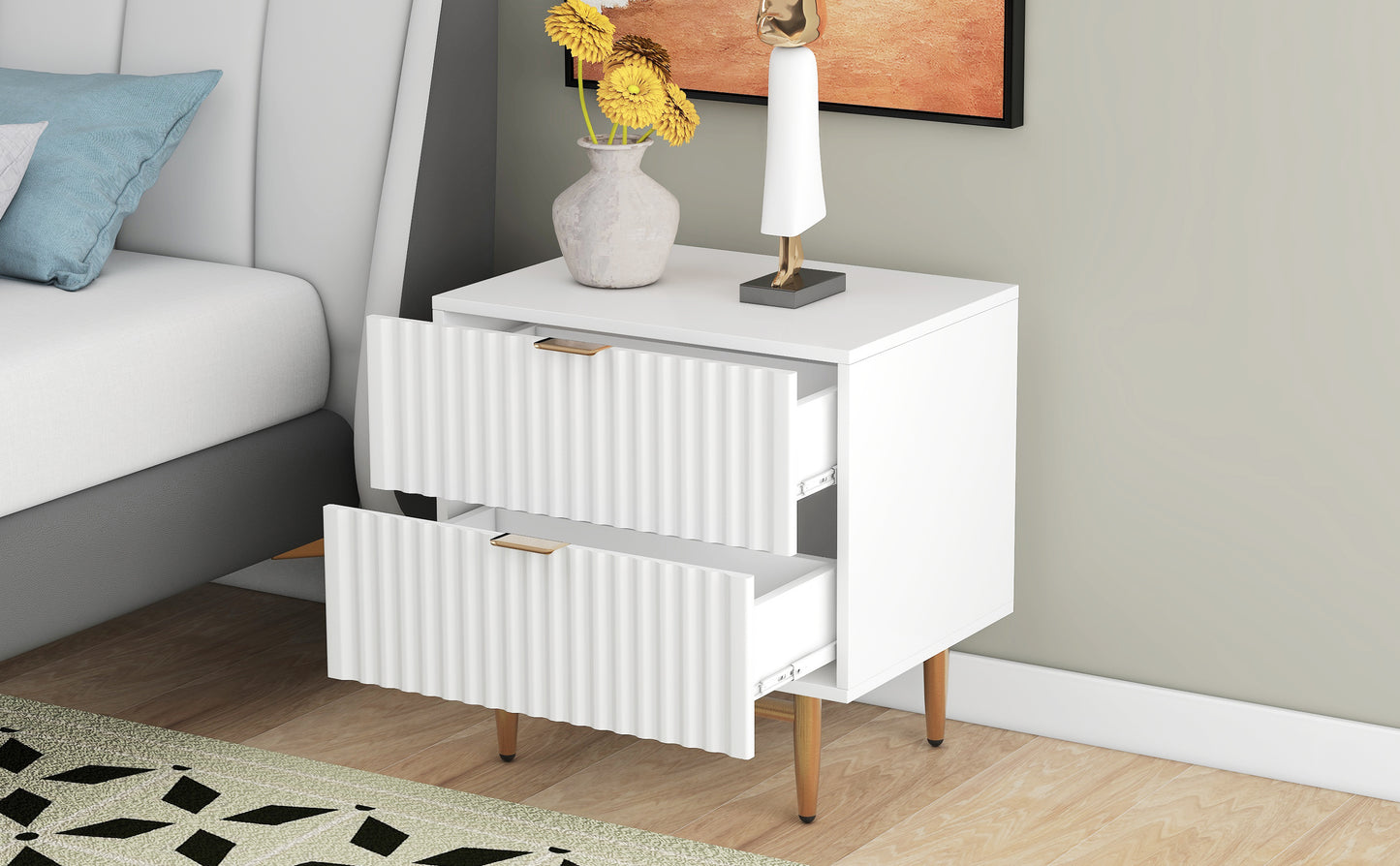 Nightstand with 2 Drawers & Golden Handle，Storage Bedside Table - White