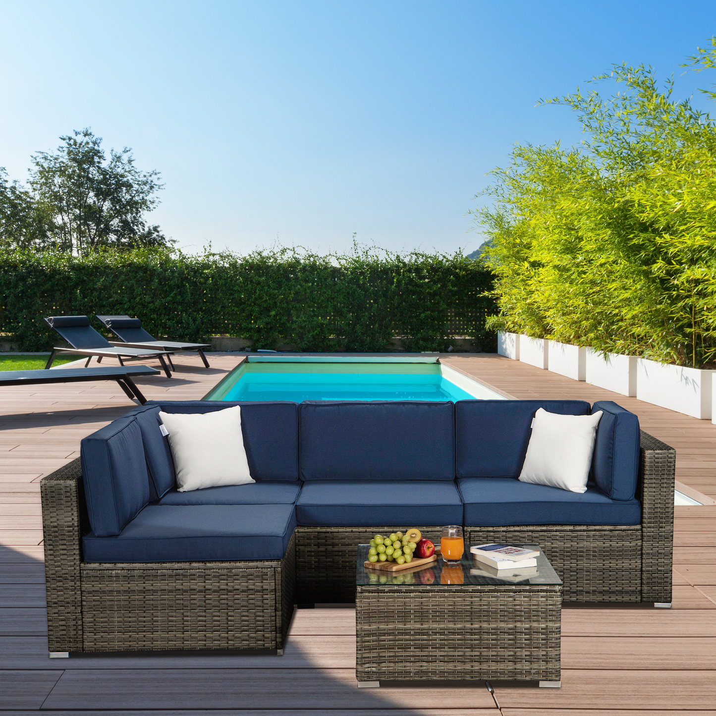 Outdoor Garden Patio Furniture 5-Piece Dark Gray PE Rattan Wicker Sectional Navy Cushioned Sofa Sets with 2 Begie Pillows