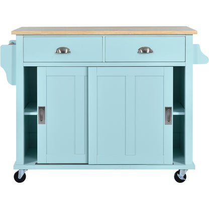 K&K Kitchen Cart with Rubber wood Drop-Leaf Countertop, Concealed sliding barn door adjustable height,Kitchen Island on 4 Wheels with Storage Cabinet and 2 Drawers,L52.2xW30.5xH36.6 inch, Mint Green