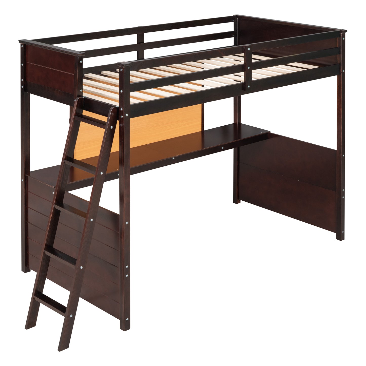 Twin size Loft Bed with Desk and Writing Board, Wooden Loft Bed with Desk - Espresso