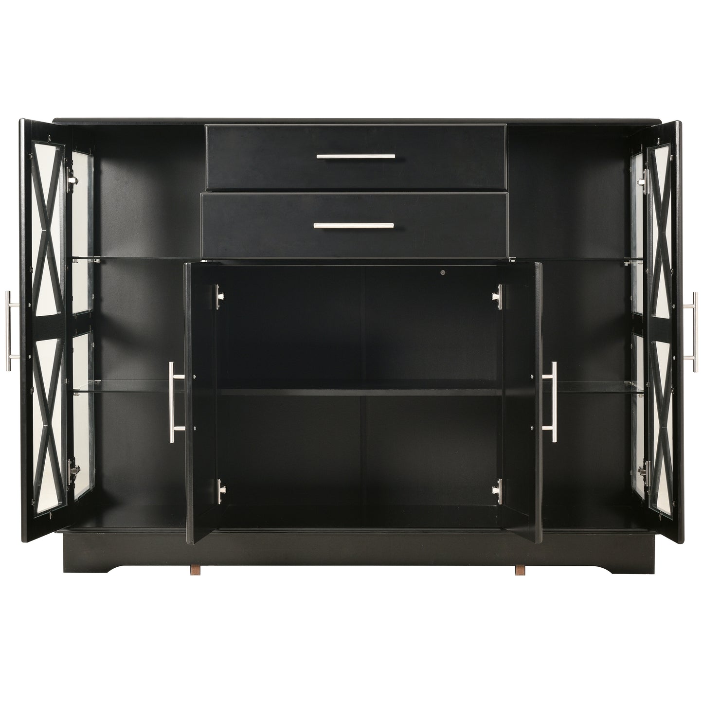 TREXM Stylish Functional Sideboard with Tempered Glass Large Storage Space Adjustable shelves Buffet (Black)