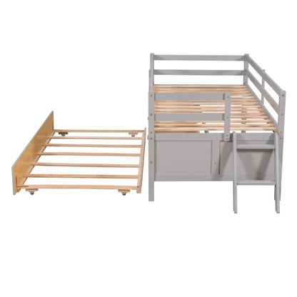 Low Loft Bed Twin Size with Full Safety Fence, Climbing ladder, Storage Drawers and Trundle Gray Solid Wood Bed