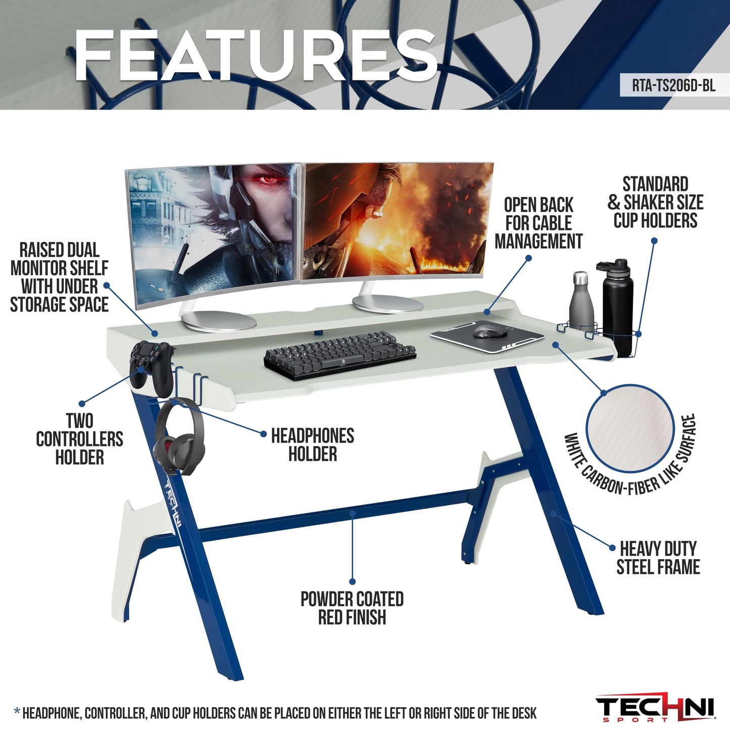 Techni Sport Ergonomic Computer Gaming  Desk Workstation with Cupholder & Headphone Hook, Blue