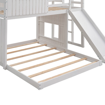 Wooden Twin Over Full Bunk Bed, Loft Bed with Playhouse, Farmhouse, Ladder, Slide and Guardrails, White(OLD SKU :LP000028AAK)