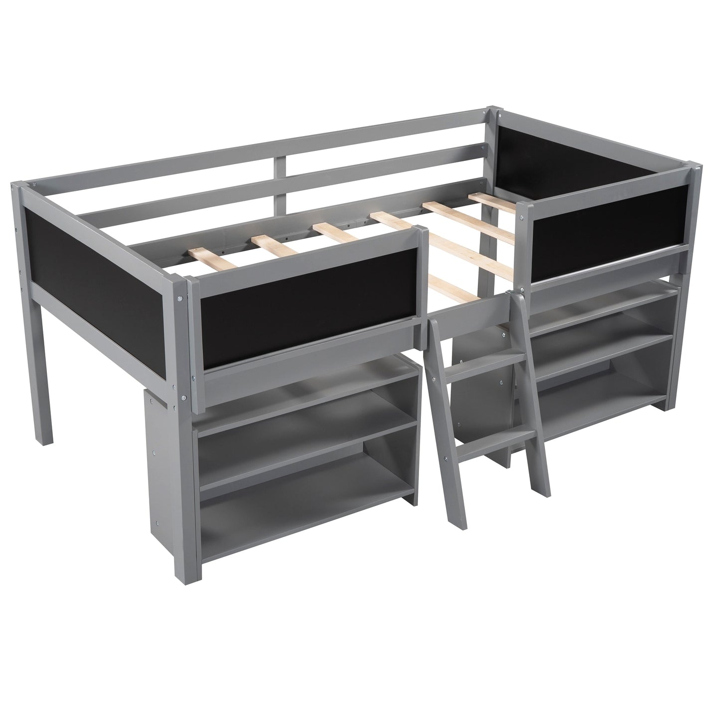 Twin Size Low Loft Bed with Two Movable Shelves and Ladder,with Decorative Guardrail Chalkboard,Gray