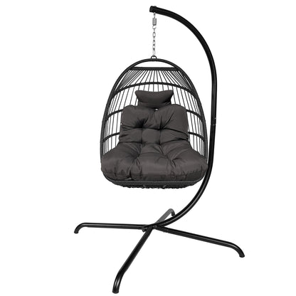 Swing Egg Chair with Stand Indoor Outdoor Wicker Rattan Patio Basket Hanging Chair with C Type bracket , with cushion and pillow,Patio Wicker folding Hanging Chair( Black New arrivals within 10 days)