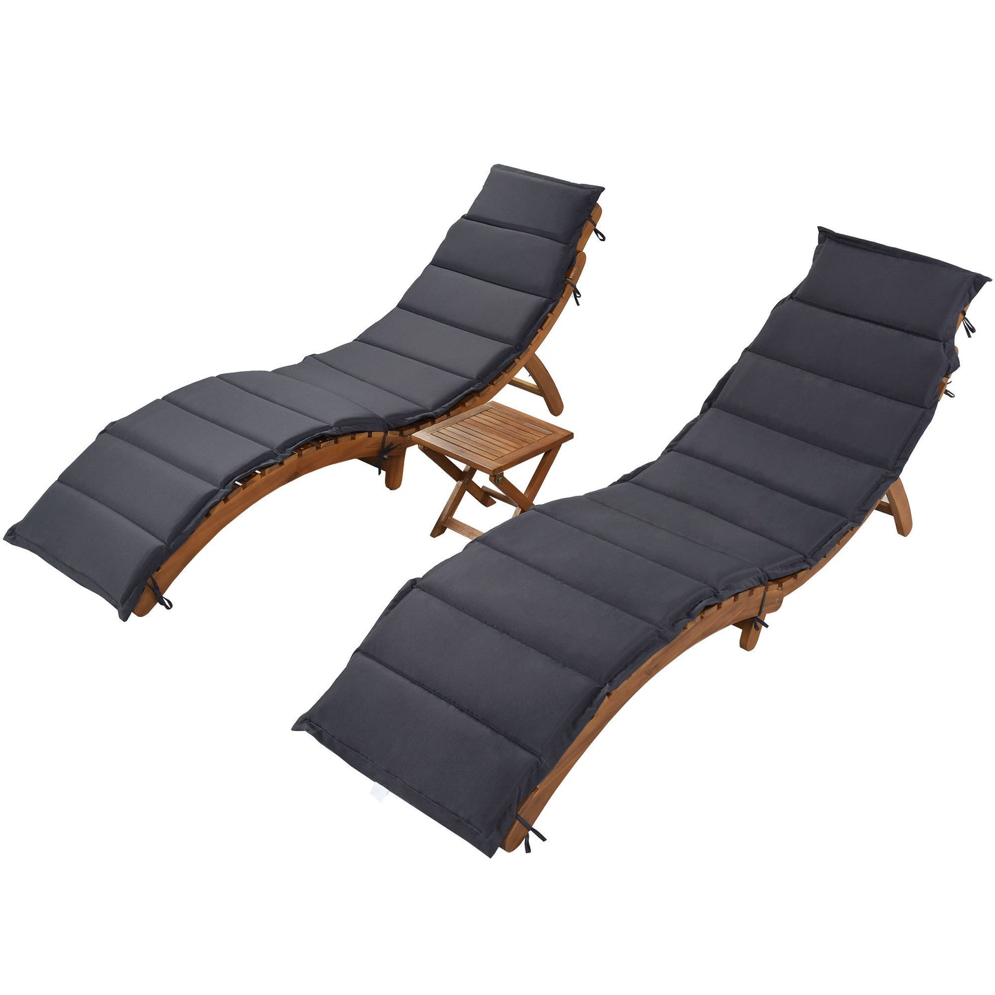 TOPMAX Outdoor Patio Wood Portable Extended Chaise Lounge Set with Foldable Tea Table for Balcony, Poolside, Garden, Brown Finish+Dark Gray Cushion