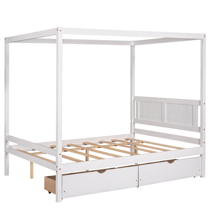 Full Size Canopy Platform Bed with Two Drawers,With Slat Support Leg,White