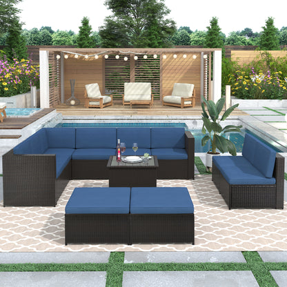 U_Style 9 Piece Rattan Sectional Seating Group with Cushions and Ottoman, Patio Furniture Sets, Outdoor Wicker Sectional