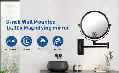 8-inch Wall Mounted Makeup Vanity Mirror, 1X / 10X Magnification Mirror, 360° Swivel with Extension Arm (Black)