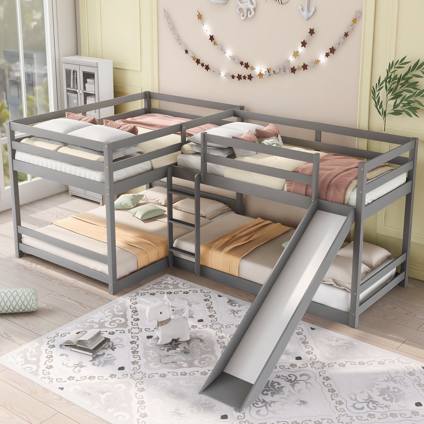 Full and Twin Size L-Shaped Bunk Bed with Slide and Short Ladder,Gray