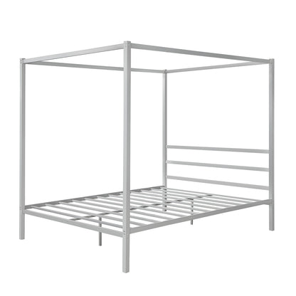 Metal Framed Canopy Platform Bed with Built-in Headboard,No Box Spring Needed, Classic Design, Queen , Sliver