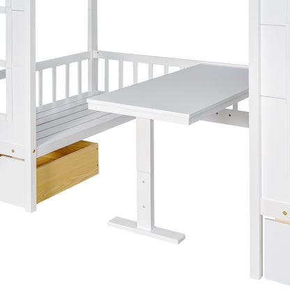 Twin-Over-Twin Bunk Bed with Changeable Table , Bunk Bed  Turn into Upper Bed and Down Desk with 2 Drawers - White