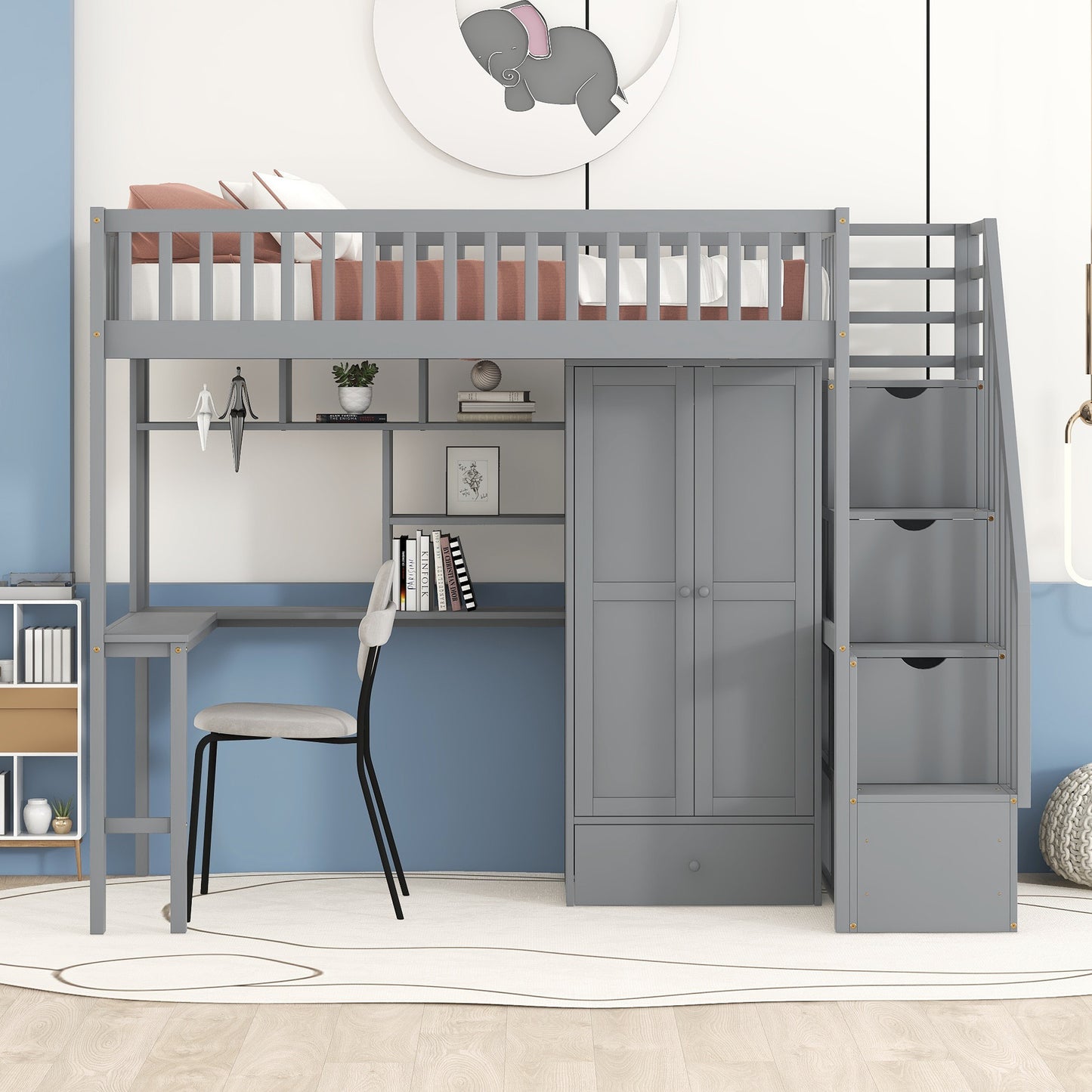 Twin size Loft Bed with Bookshelf,Drawers,Desk,and Wardrobe-Gray