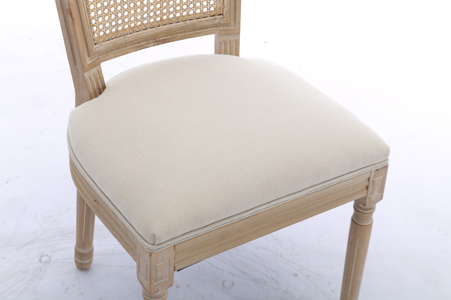 French Style Solid Wood Frame Antique Painting Linen Fabric Square Rattan Back Dining Chair,Set of 2,Cream