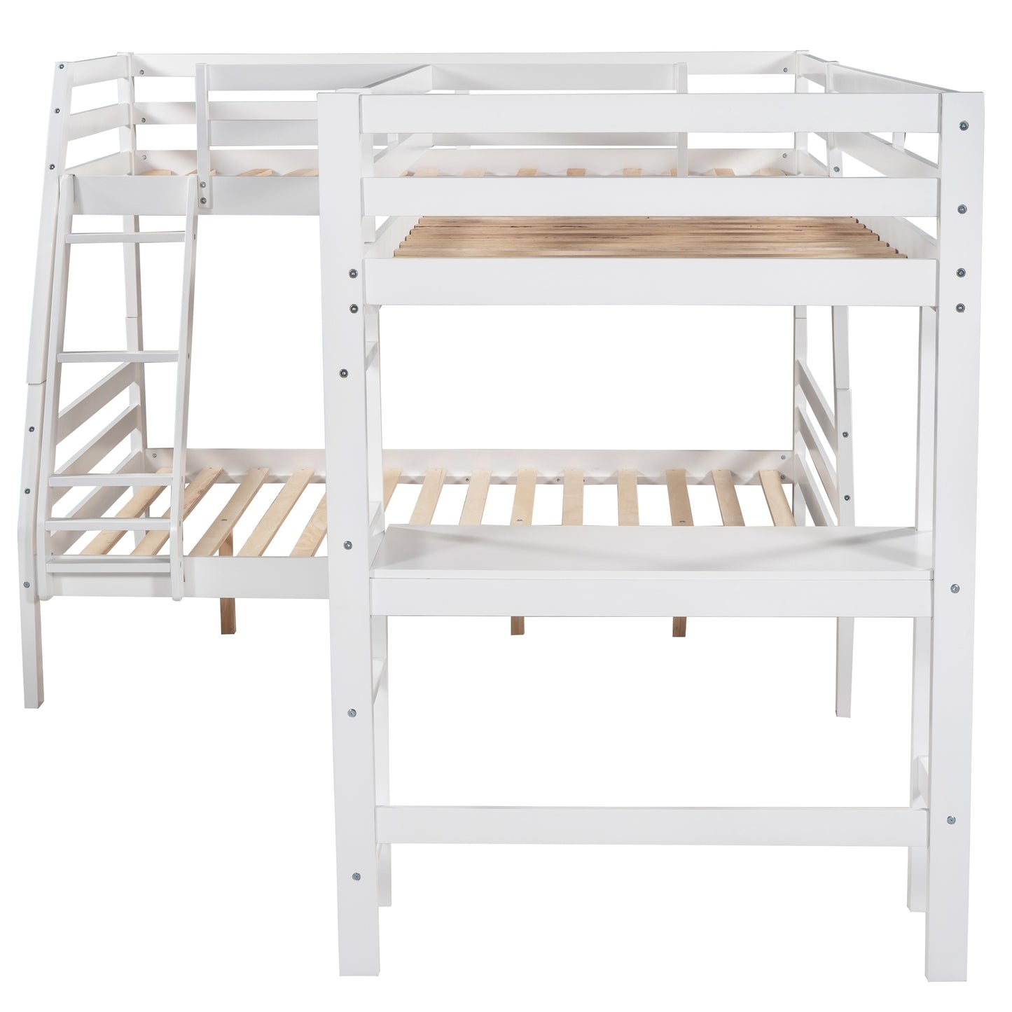 L-Shaped Twin over Full Bunk Bed and Twin Size Loft Bed with Built-in Desk,White