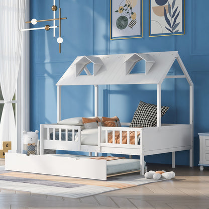 Full Size House Bed Wood Bed with  Twin Size Trundle ( White )