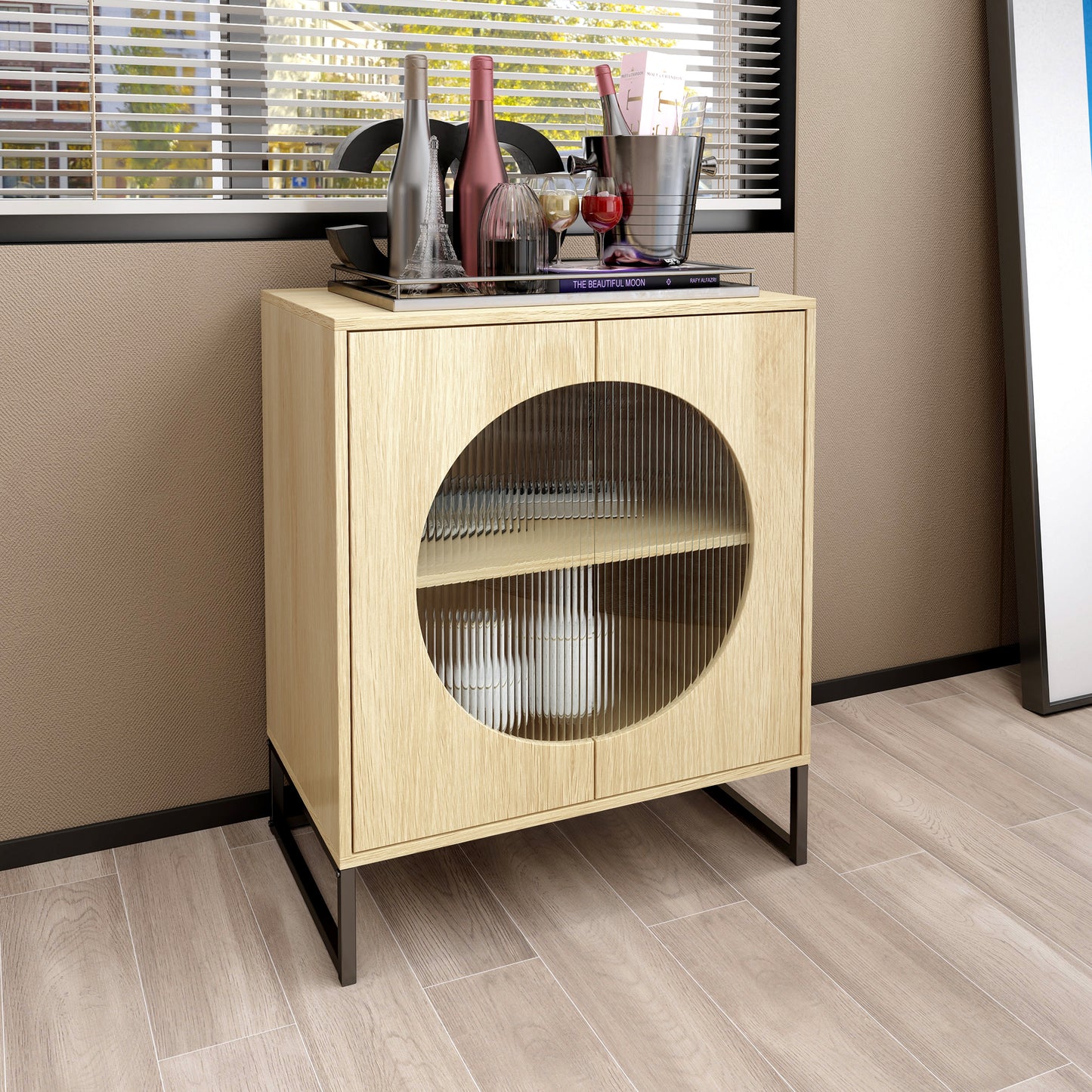 Storage Cabinet with Glass Door, Sideboard Buffet Cabinet for Kitchen,Dining Room, Oak Finish