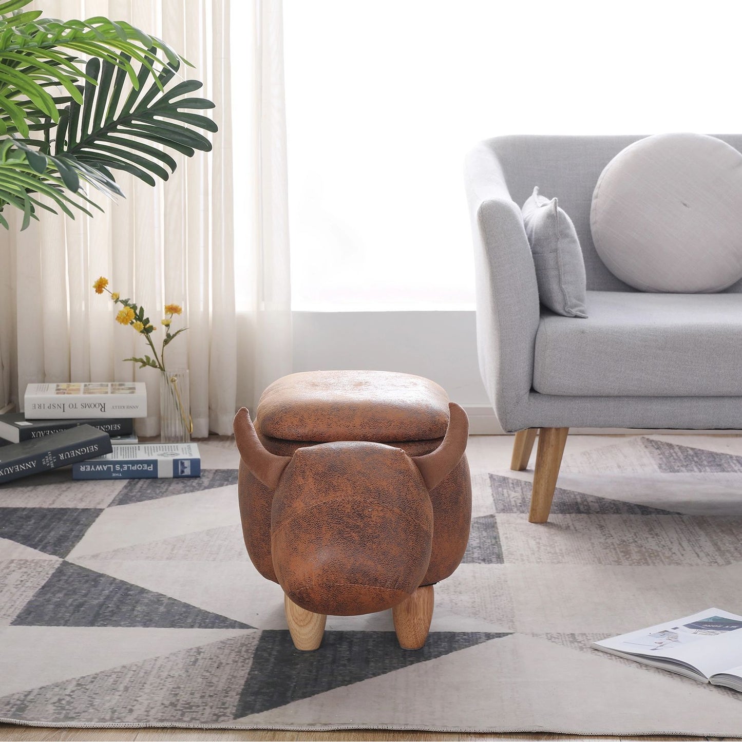 Decorative animal storage stool for kids, ottoman bedroom furniture, brown kids footstool, cartoon chair for home with solid wood legs, decorative footstool for office, bedroom, living room