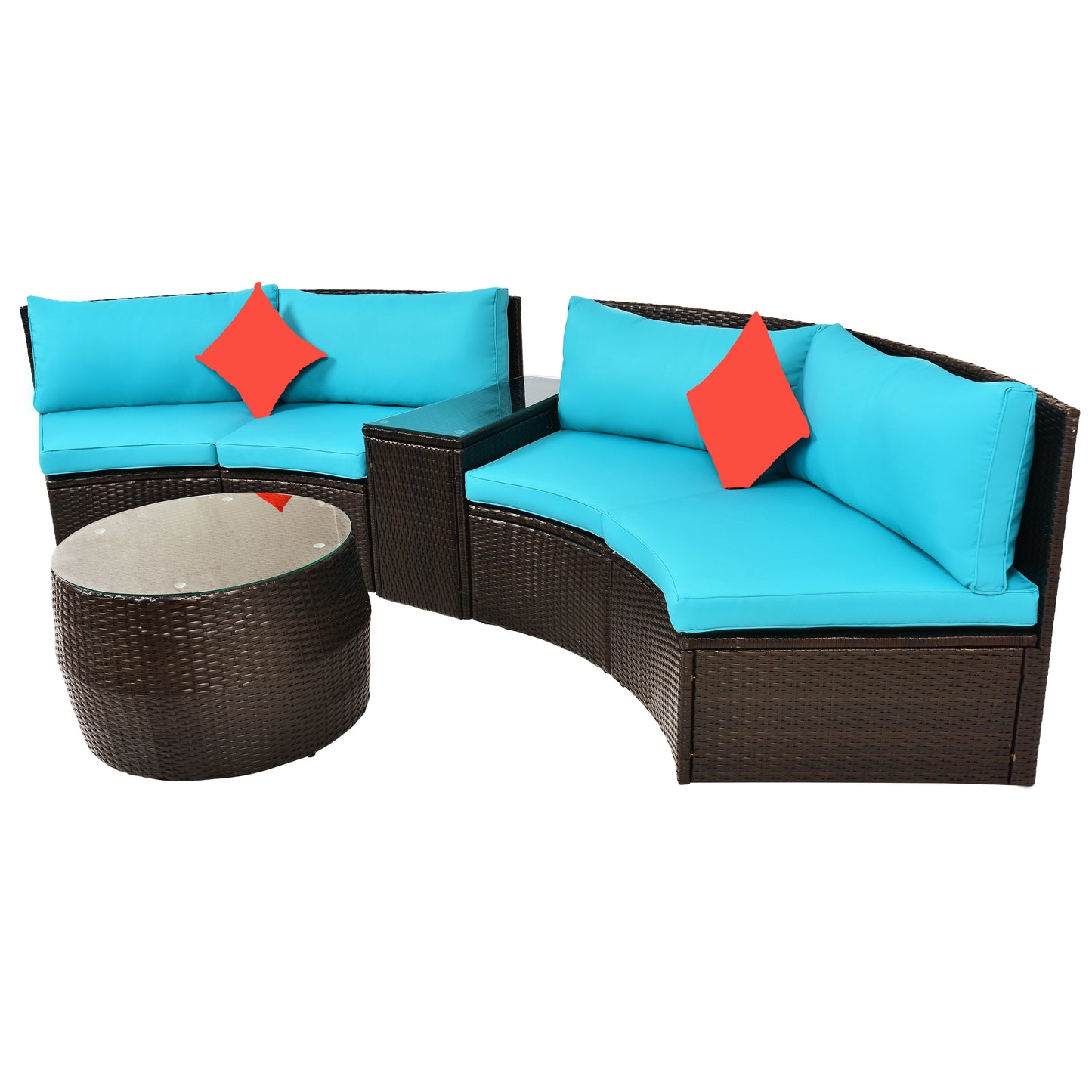 TOPMAX 4-Piece Patio Furniture Sets, Outdoor Half-Moon Sectional Furniture Wicker Sofa Set with Two Pillows and Coffee Table, Blue Cushions+Brown Wicker