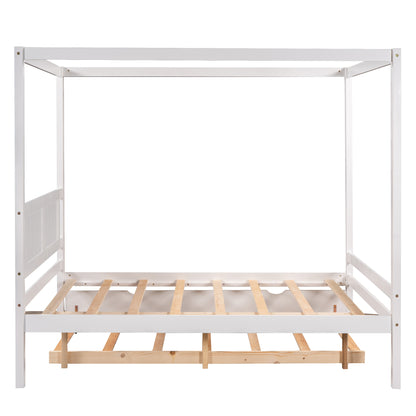 Full Size Canopy Platform Bed with Trundle,With Slat Support Leg,White