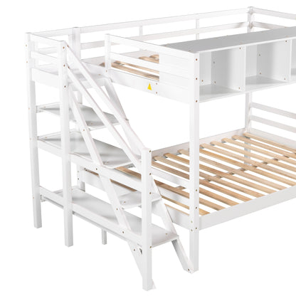 Twin over Full Bunk Bed with Staircase and Built-in Storage Cabinets,White