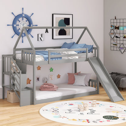 Twin over Twin House Bunk Bed with Slide and Storage Staircase,Grey