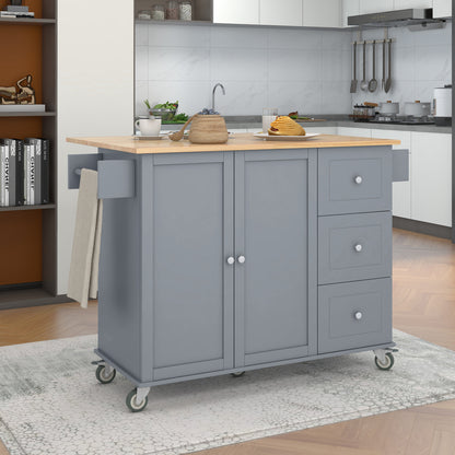 Rolling Mobile Kitchen Island with Solid Wood Top and Locking Wheels，52.7 Inch Width，Storage Cabinet and Drop Leaf Breakfast Bar，Spice Rack, Towel Rack & Drawer （Grey Blue）